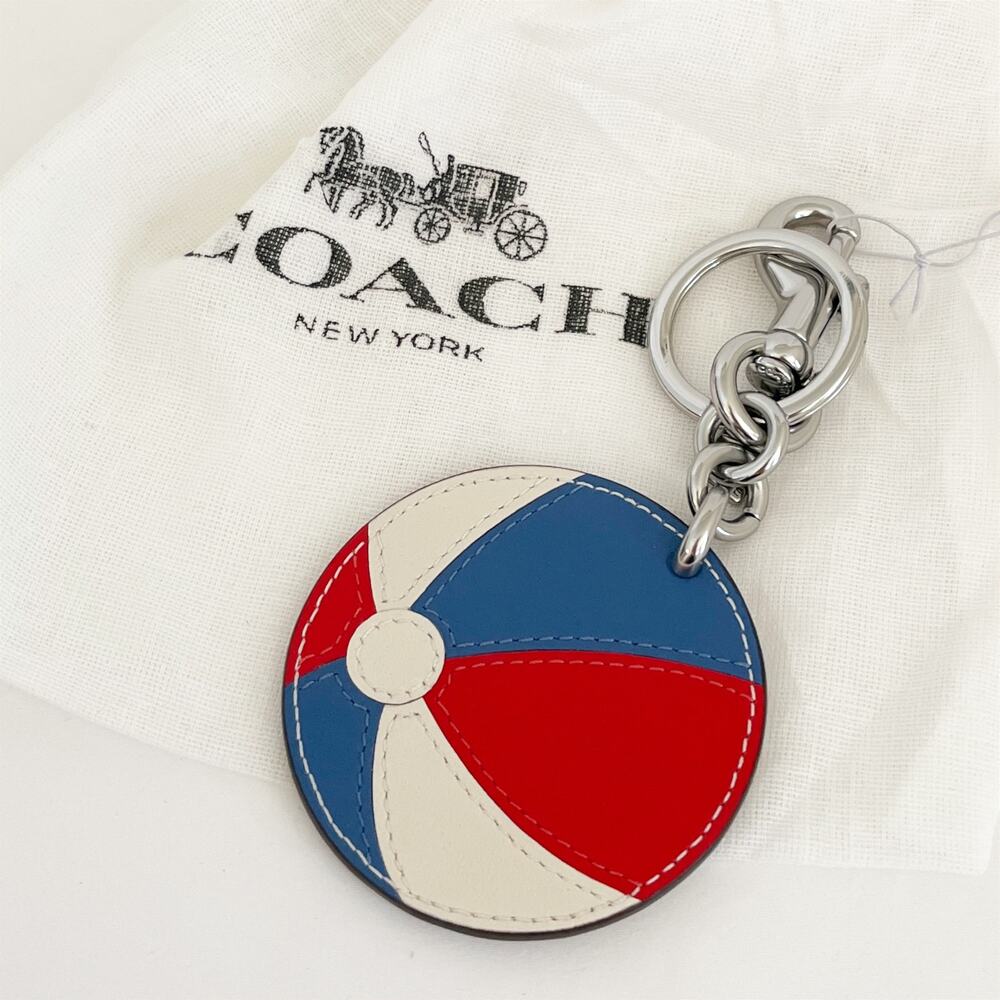 COACH Leather Beach Ball Bag Charm Keychain Key Ring Blue Red White NWT